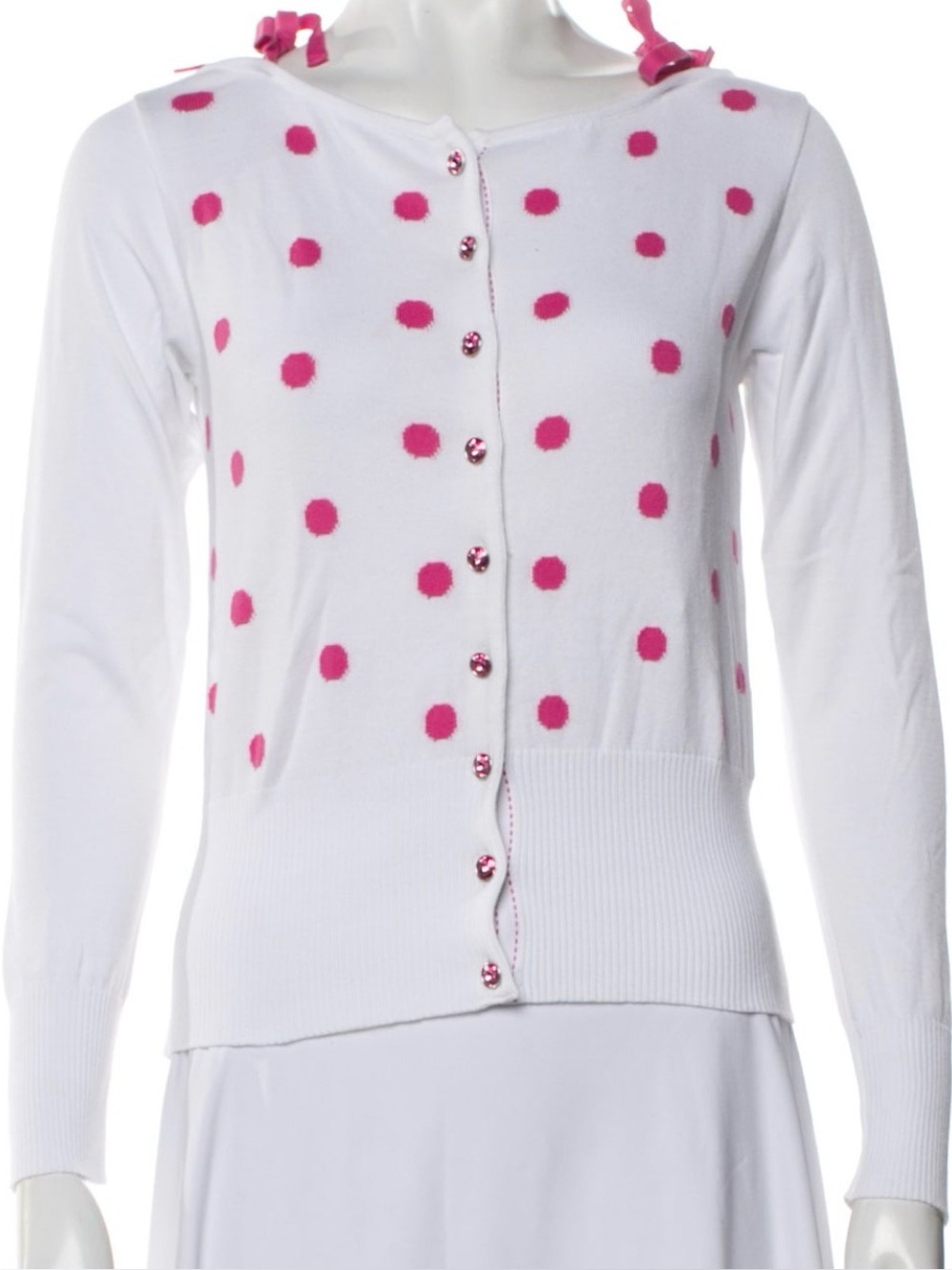 Miss Blumarine White With Pink Polka Dots Cardigan White Knit Medium New